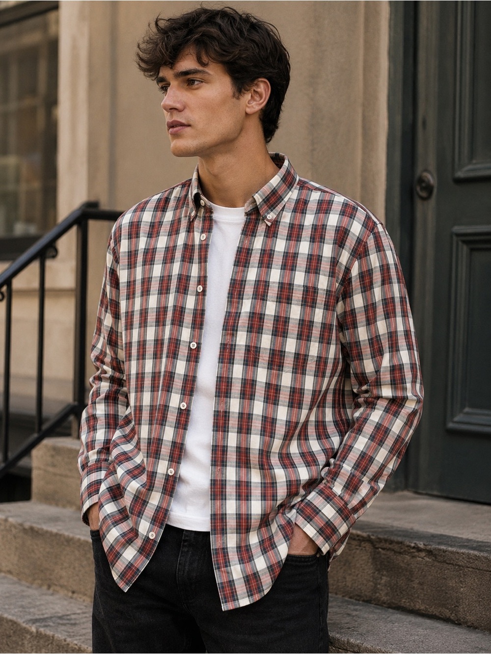 BDG Men's Plaid Button-Down Shirt in Red and Cream